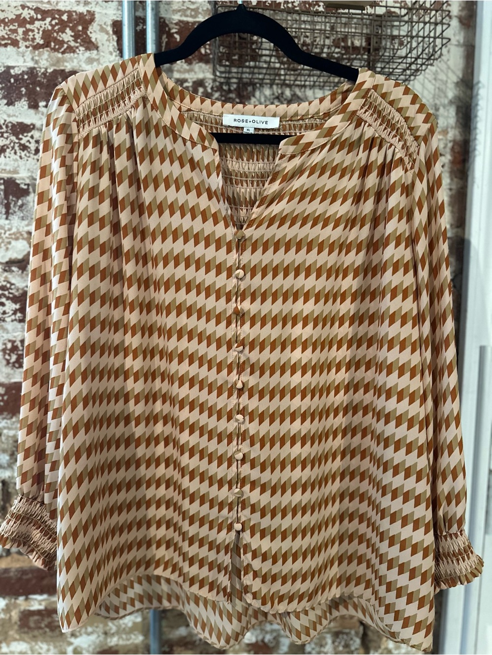 Rose & Olive Beige and Brown Geometric Button-Front Blouse